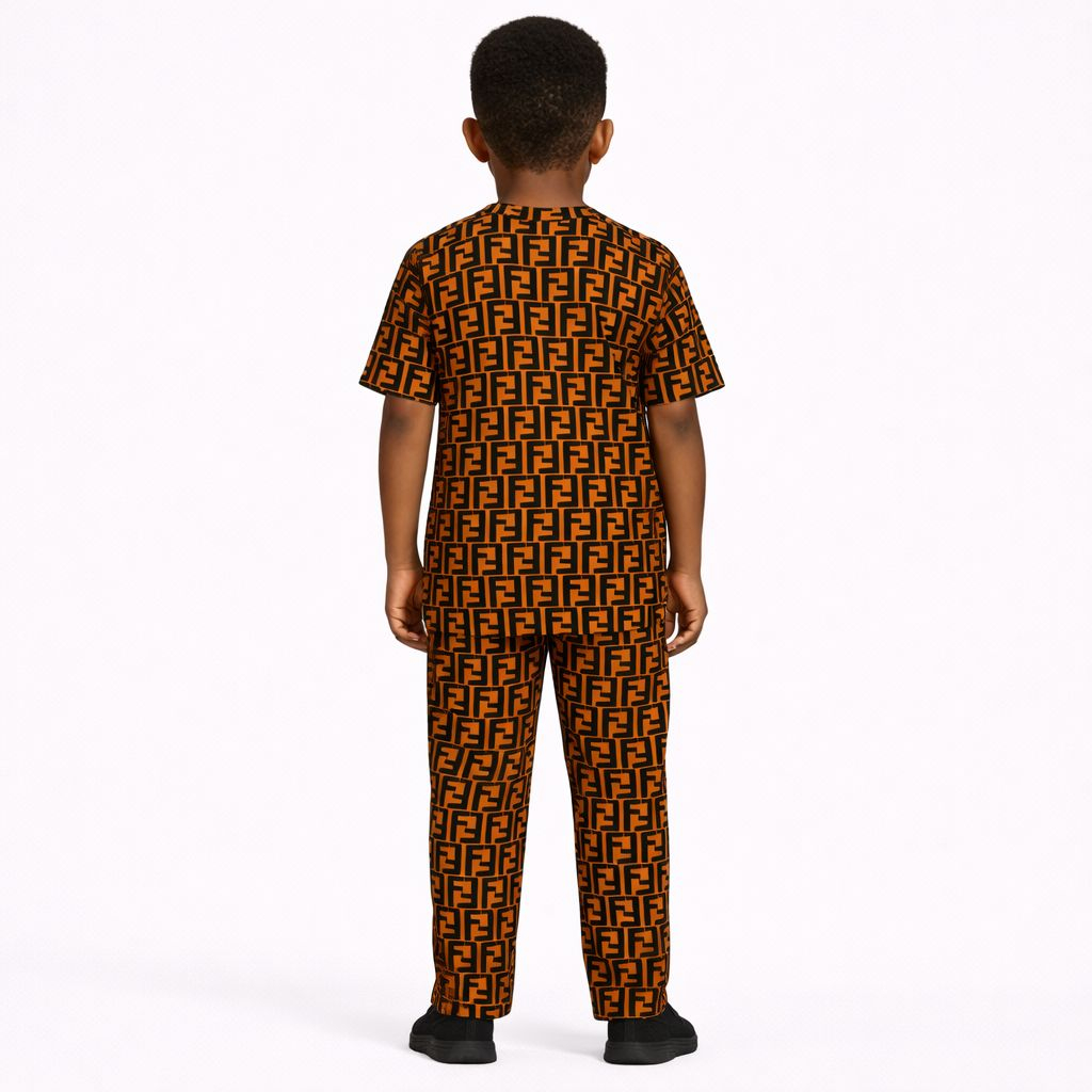 Kids Two Piece Brown Geometric Print Outfit Set